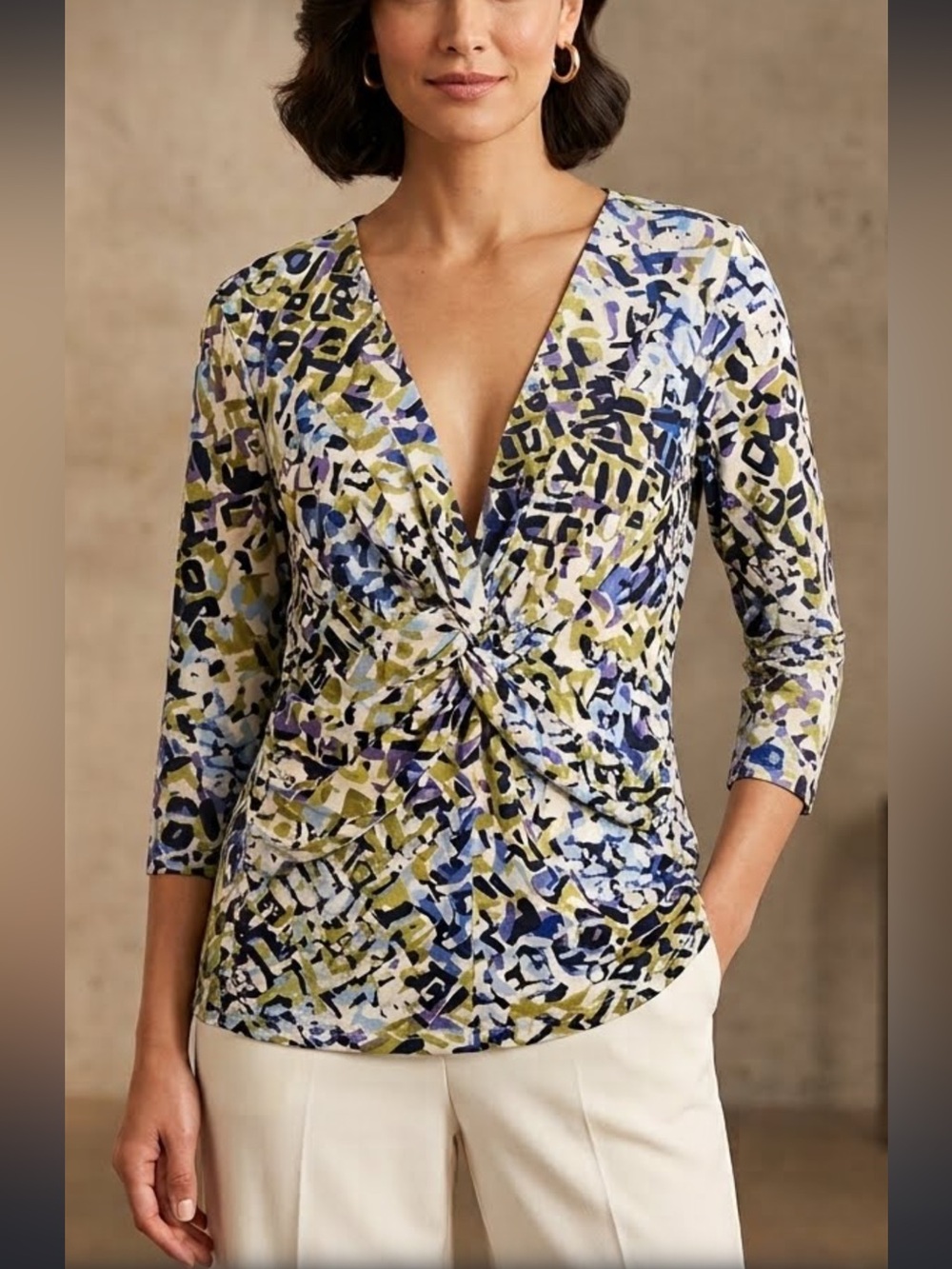 Cable & Cauge Colorful Twist-Front V-Neck Top - Blue/Green Multi Medium